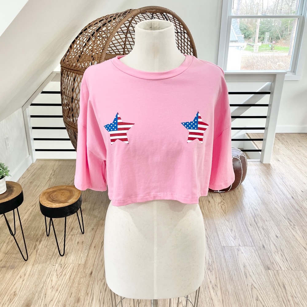 NWT M, L pink, American flag star short sleeve crewneck crop top